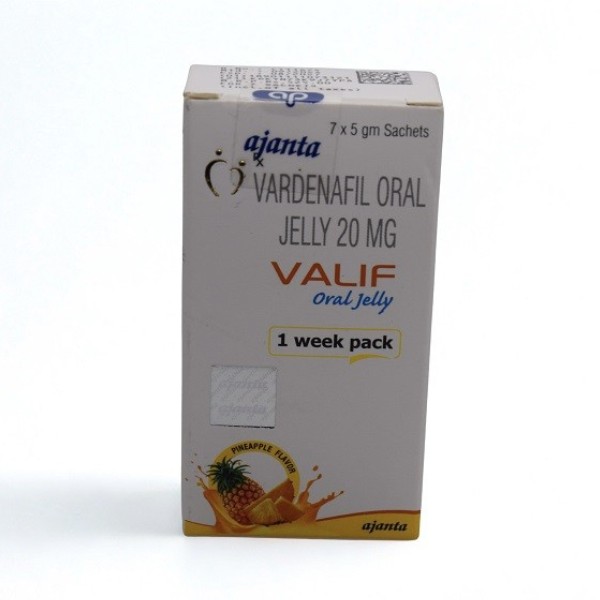 Vardenafil Oral Jelly 20 mg: Hộp sản phẩm chính hãng với tem kiểm định.